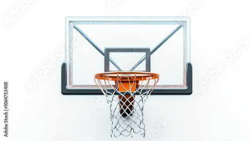 Close-up view of a basketball hoop with a net attached to a transparent backboard, isolated on a white background. photo