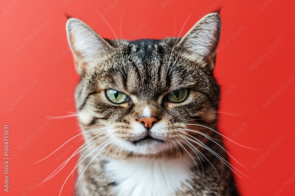 Angry and surprised cat isolated on red background with a funny and excited expression Angry and surprised cat isolated on red background with a funny and excited expression