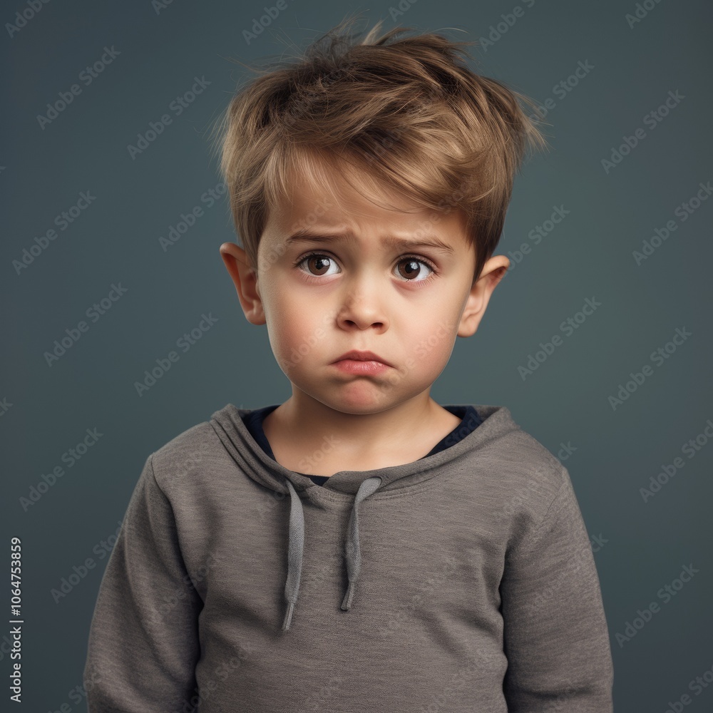 Confused boy in relaxed attire with questioning look against a lively studio background