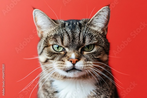 Angry and surprised cat isolated on red background with a funny and excited expression