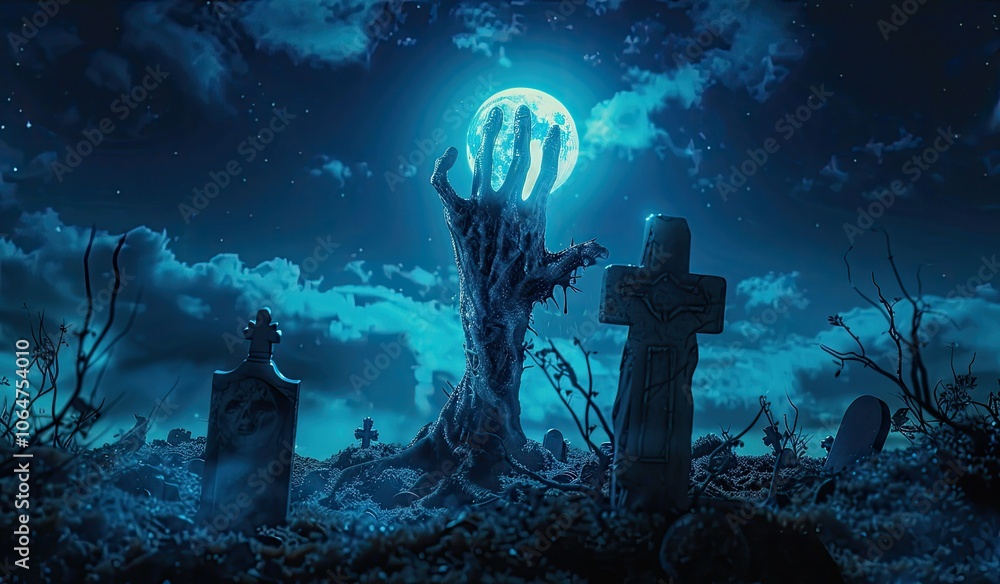 A zombie hand emerges from the ground in a cemetery, creating eeriness A zombie hand emerges from the ground in a cemetery, creating eeriness