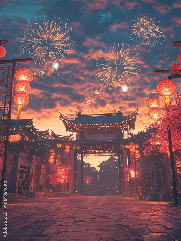 Fototapeta premium A vibrant Lunar New Year 3D style, QC rendering, lanterns and fireworks light up the ancient city streets. with generative ai
