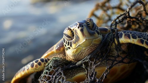 Turtles are entangled in discarded nets struggling to survive turtle trapped in fishing net save marine wildlife concept photo