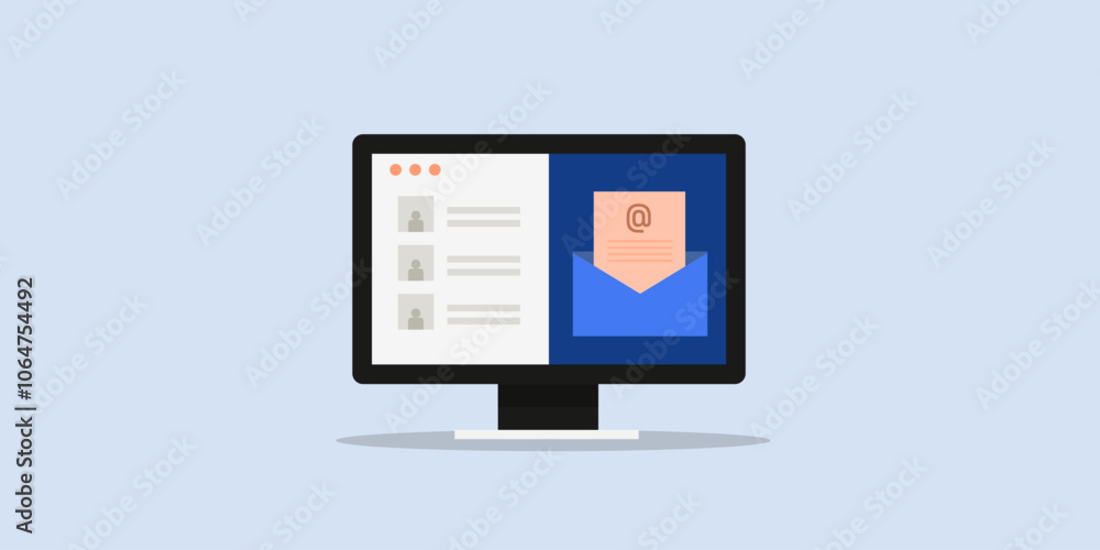 Email subscriber list, customer name and details and message mail display on computer screen, conceptual vector illustration. Email subscriber list, customer name and details and message mail display on computer screen, conceptual vector illustration.