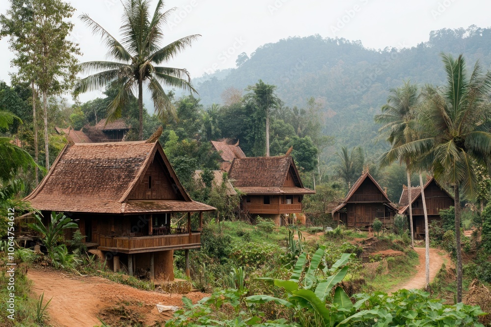 A serene village scene with traditional wooden houses surrounded by lush greenery and mountains. A serene village scene with traditional wooden houses surrounded by lush greenery and mountains.