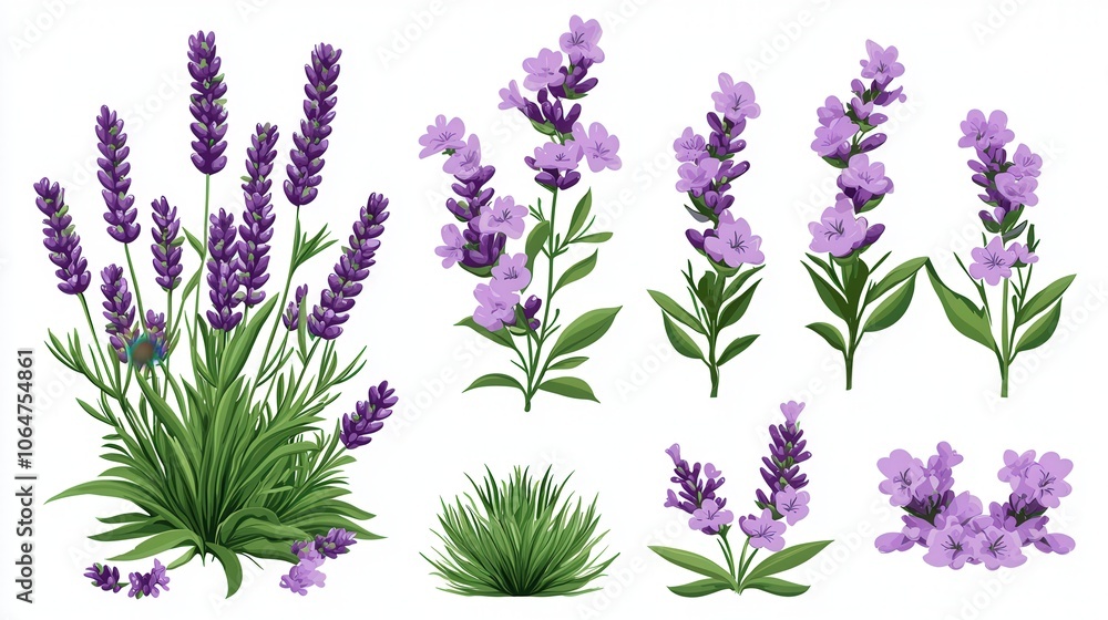 Fototapeta premium Lavender flowers and plants on a white isolated background.
