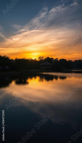 a lake with a sunset in the background