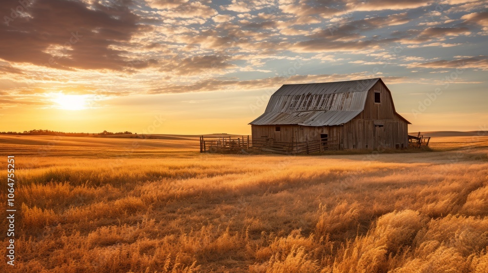 Weathered barn with a rusty tin roof standing in a golden wheat field at sunset Weathered barn with a rusty tin roof standing in a golden wheat field at sunset