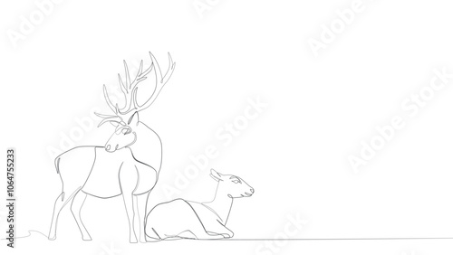 a pair of Christmas reindeer, Continuous one line drawing, Christmas or New Year decoration, pair of deer in single line, pair of Christmas deer with one line minimalist abstract style