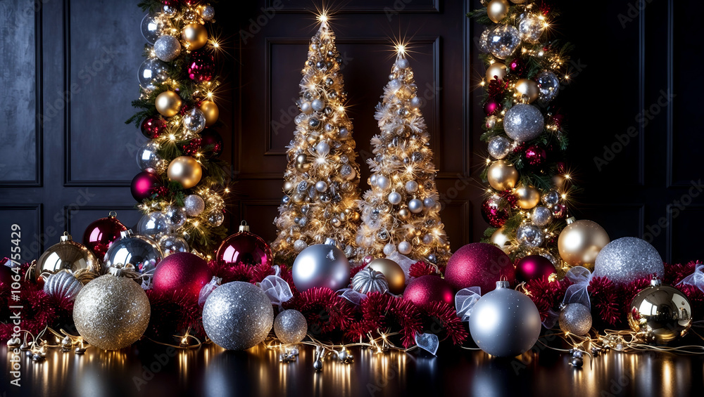 Christmas Tree With Baubles on a dark wooden background, Christmas ornaments decoration background with copy space for text, Merry Christmas wallpaper, Christmas decor background Christmas Tree With Baubles on a dark wooden background, Christmas ornaments decoration background with copy space for text, Merry Christmas wallpaper, Christmas decor background