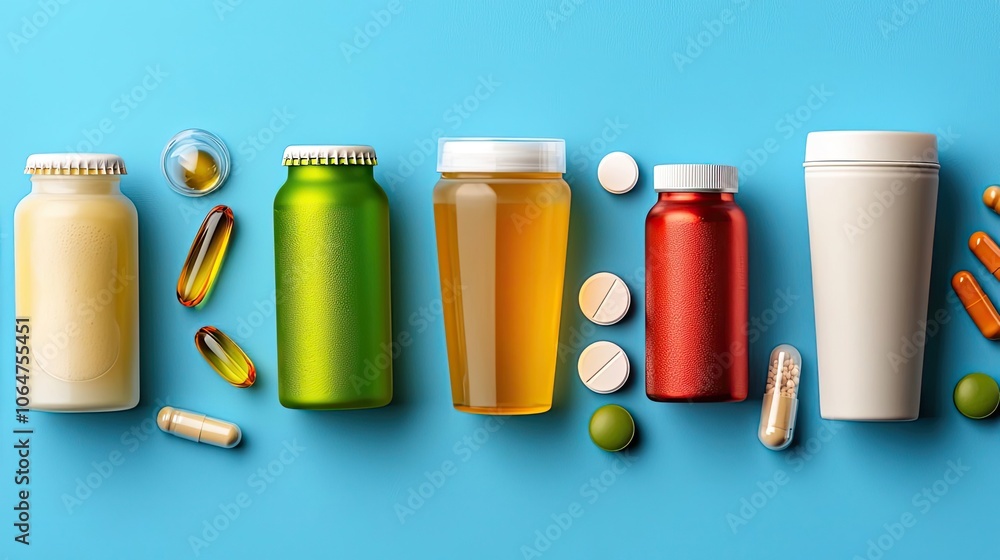 Fototapeta premium Assorted dietary supplements and vitamins in various bottles and capsules on a vibrant blue background.