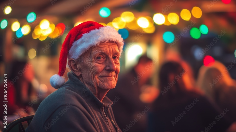 Obraz premium An elderly man wearing a quirky Santa hat at a holiday gathering surrounded by colorful lights and joyful guests creating a warm atmosphere