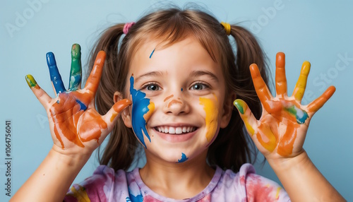 A happy girl toddler is showing her rainbow-painted hands against an azure backdrop. photo