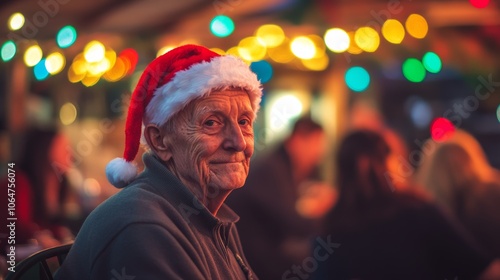 An elderly man wearing a quirky Santa hat at a holiday gathering surrounded by colorful lights and joyful guests creating a warm atmosphere