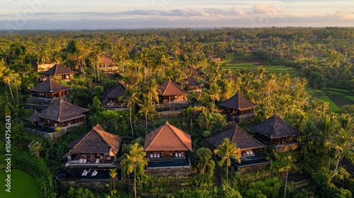 Aerial view of tropical villas surrounded by lush greenery in a serene landscape.