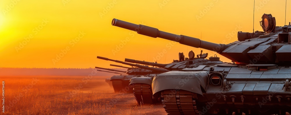 Group of tanks silhouetted against a vibrant sunrise, showcasing military strength and resilience. Group of tanks silhouetted against a vibrant sunrise, showcasing military strength and resilience.
