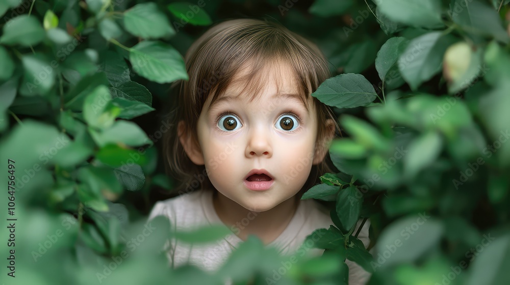 A wide-eyed child peeks through lush green foliage, embodying curiosity and wonder in a natural setting. A wide-eyed child peeks through lush green foliage, embodying curiosity and wonder in a natural setting.