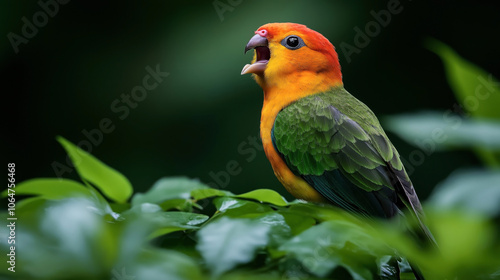 Colorful parrot with red and orange head, yellow body, and green wings, perched on green leaves against a blurred natural background in a close-up view.