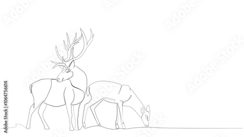 a pair of reindeer one line icon, Continuous one line drawing, Christmas or New Year decoration, pair of deer in single line, pair of Christmas reindeer with one line minimalist abstract style