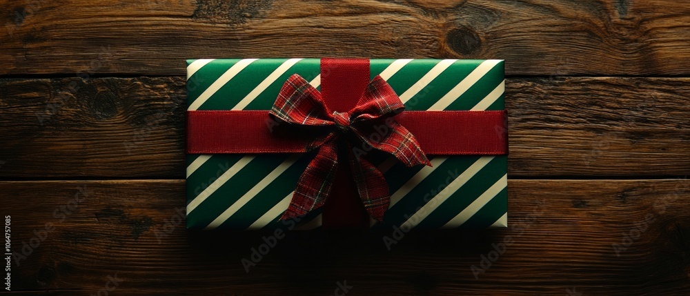 A vibrant gift certificate wrapped in green and white stripes, adorned with a red ribbon and bow, rests on a rustic wooden table, ideal for gifting A vibrant gift certificate wrapped in green and white stripes, adorned with a red ribbon and bow, rests on a rustic wooden table, ideal for gifting