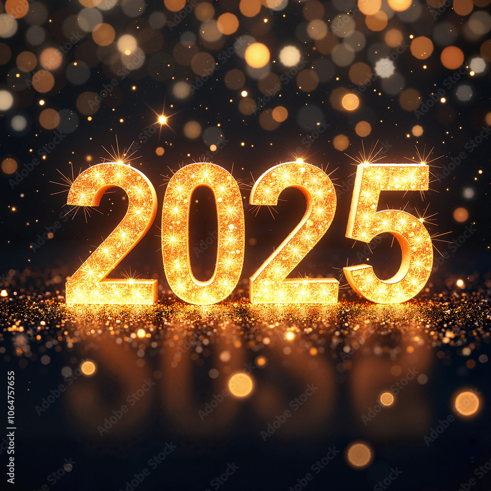 the inscription 2025 glows with gold lights, dark background with gold, Al Generation