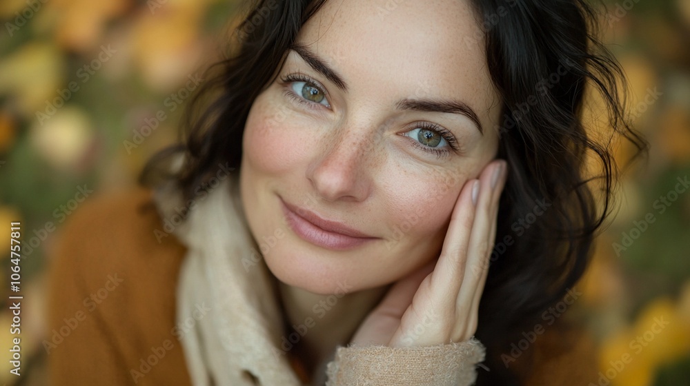 European woman around 30-40 years old, touching her face with a gentle smile, beautiful hair and skin, close-up portrait, natural background softly blurred with leaves European woman around 30-40 years old, touching her face with a gentle smile, beautiful hair and skin, close-up portrait, natural background softly blurred with leaves