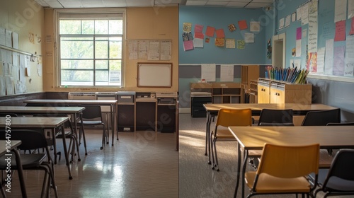 A classroom with outdated equipment next to a modern well-funded classroom symbolizing the disparity in educational resources
