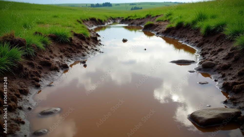 Deep mud puddle visuals with ripples and reflections, capturing the mood of a rainy day in the countryside Deep mud puddle visuals with ripples and reflections, capturing the mood of a rainy day in the countryside