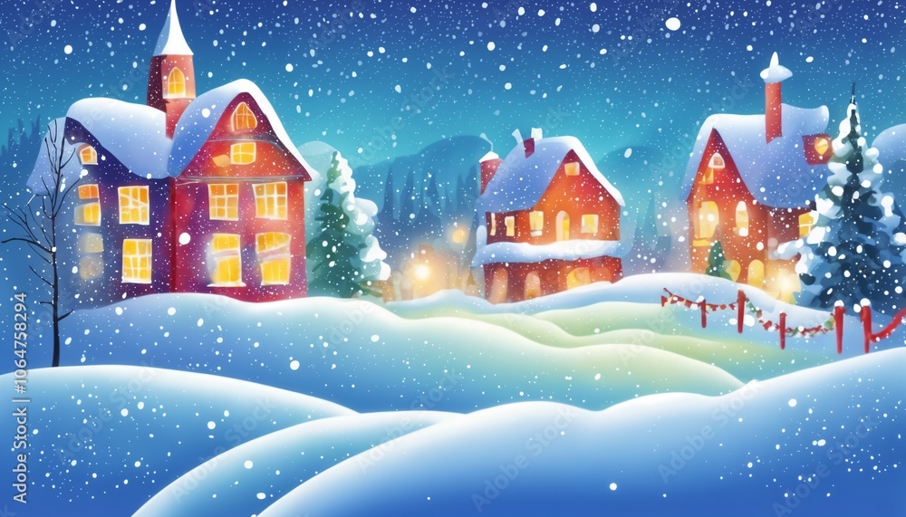 Naklejka premium winter village with Christmas decorations, background for New year celebrations, winter fairy tale