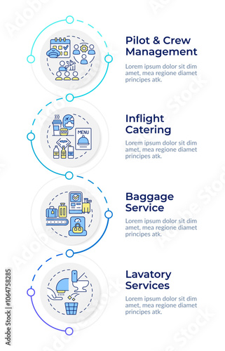 Aircraft maintenance support types infographic design template. Pilot airplane, crew. Data visualization 4 options. Process vertical flow chart. Montserrat SemiBold, Lato Regular fonts used