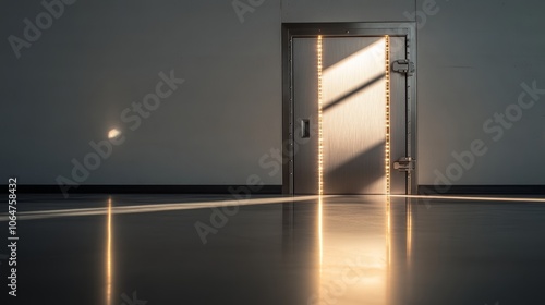 A closed vault door in an empty room with light seeping from its edges representing hidden information awaiting disclosure photo