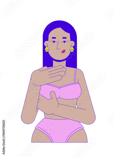 Brunette middle eastern woman in brassier examining breast 2D cartoon character. Mastopathy detection. Turkish female touching chest isolated person flat vector on white. Spot illustration colorful