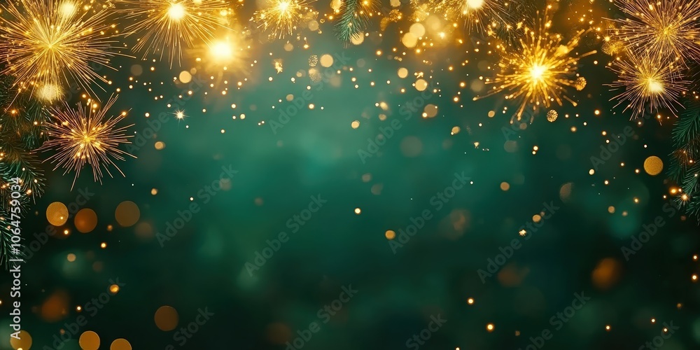 Fototapeta premium Happy New Year, Beautiful creative holiday background with fireworks and Sparkling on green background, space for text 