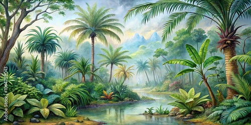 Fototapeta Naklejka Na Ścianę i Meble -  Watercolor of a prehistoric jungle with ancient flora and palm trees, Jurassic, jungle, watercolor,ancient, flora
