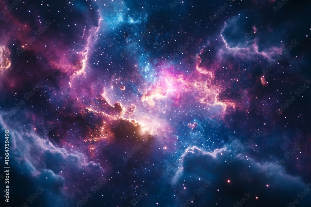 Naklejka premium Stunning cosmic clouds fill the night sky with vibrant colors. A beautiful abstract style captures the essence of the universe. Perfect for creative projects. Generative AI.