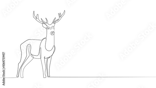 deer Continuous one line drawing, Christmas or New Year decoration, Contour sketch of reindeer. Forest wild deer in single line, Christmas deer with one line minimalist abstract style