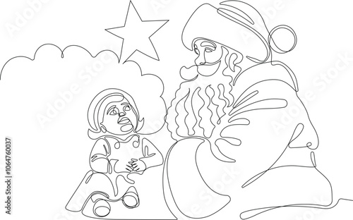 Outlined Cute Santa Claus Cartoon Character With A Sack Full Of Gifts. Vector Hand Drawn Illustration. One continuous line drawing Santa Claus on reindeer and sled. concept for Christmas and New Year