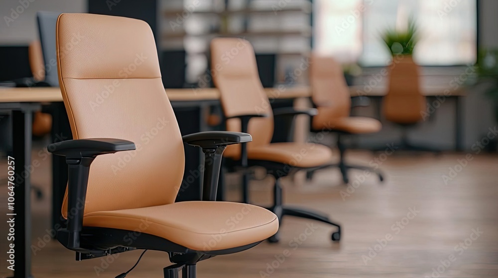 Modern office space featuring ergonomic brown chairs arranged in a clean and bright environment, ideal for productivity and comfort. Modern office space featuring ergonomic brown chairs arranged in a clean and bright environment, ideal for productivity and comfort.