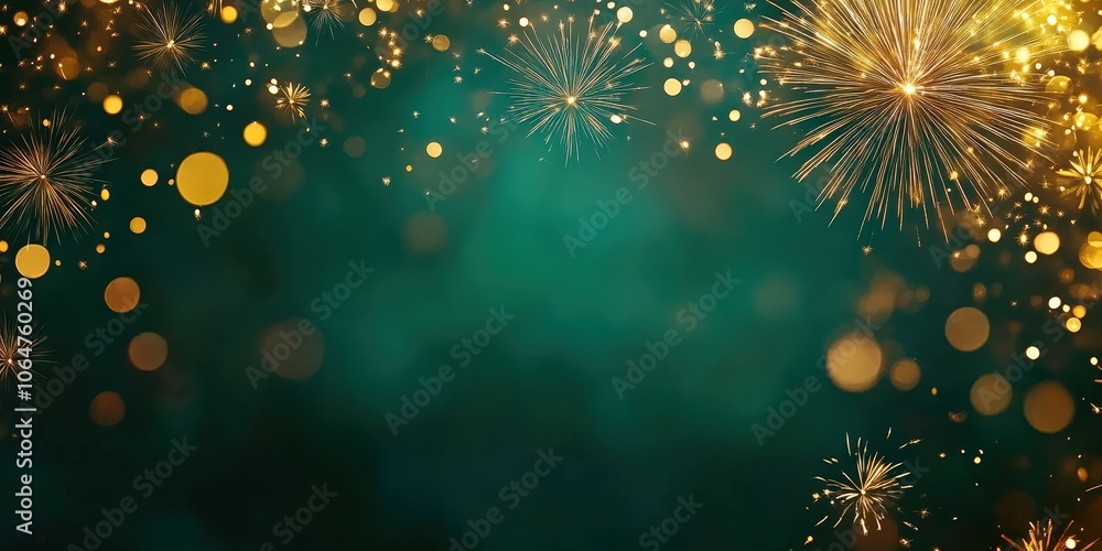 Fototapeta premium Happy New Year, Beautiful creative holiday background with fireworks and Sparkling on green background, space for text 