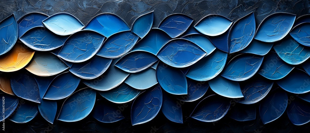 A textured abstract artwork featuring layered blue leaves in varying shades and shapes. A textured abstract artwork featuring layered blue leaves in varying shades and shapes.