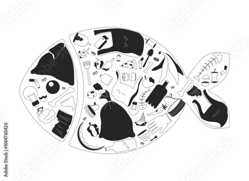 Marine life ocean pollution black and white 2D illustration concept. Sea plastic organic waste. Debris trash seafish. Garbage in fish shape outline composition isolated. Metaphor monochrome vector art