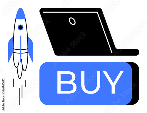 Rocket launching upward symbolizing speed, laptop, and large blue BUY button. Ideal for e-commerce, online shopping, digital transformation, fast service delivery, startup growth, technological