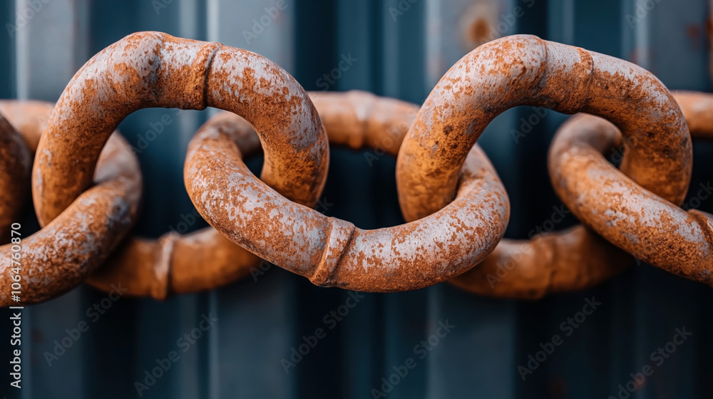 Fototapeta premium Close-up of rusty metal chain links against a dark blurred background, showing texture and decay.