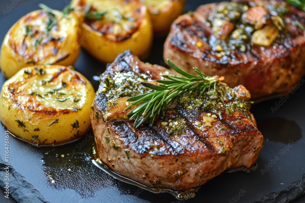 Juicy grilled steaks garnished with rosemary and garlic sit next to perfectly roasted potatoes, all arranged on a sleek black plate in a cozy kitchen atmosphere Juicy grilled steaks garnished with rosemary and garlic sit next to perfectly roasted potatoes, all arranged on a sleek black plate in a cozy kitchen atmosphere