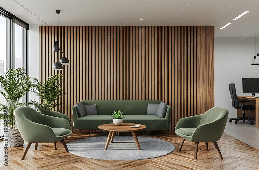 Fototapeta premium Modern Living Room with Green Sofa, Armchairs, and Wooden Wall Panels