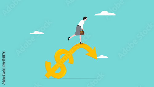 economic recession or business failure, investor lost money, economic and financial crisis, falling stock market, business bankrupt, businesswoman walk limply on a declining stock price graph