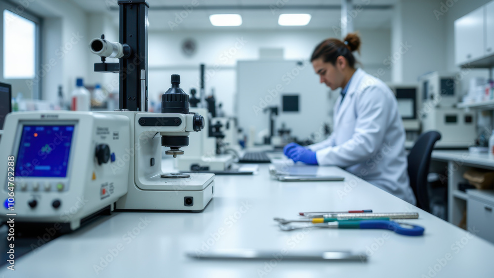Scientist in lab working with microscope and complex equipment. Scientist in lab working with microscope and complex equipment.