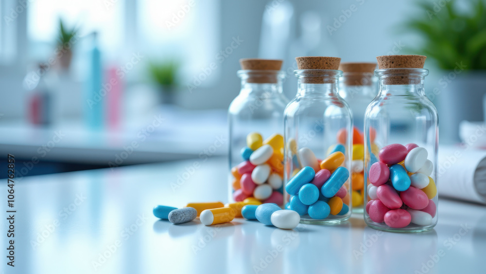 Colorful pills inside and outside glass bottles. Colorful pills inside and outside glass bottles.
