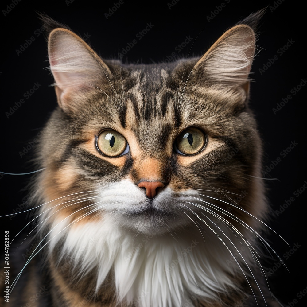 Determined cat with serious look and raised whiskers against a dynamic studio backdrop Determined cat with serious look and raised whiskers against a dynamic studio backdrop