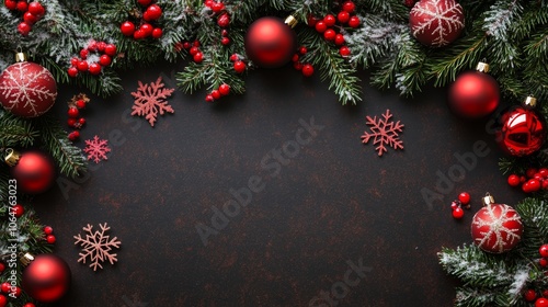 Banner with Christmas decorations and snowflakes text space centered photo